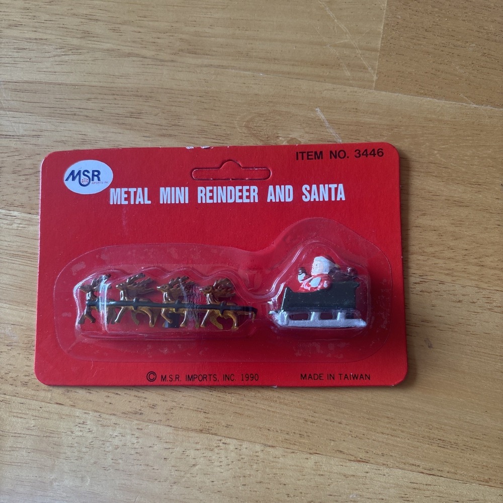 VTG MSR Christmas Miniature Enameled metal Santa Claus n Sleigh with Reindeer